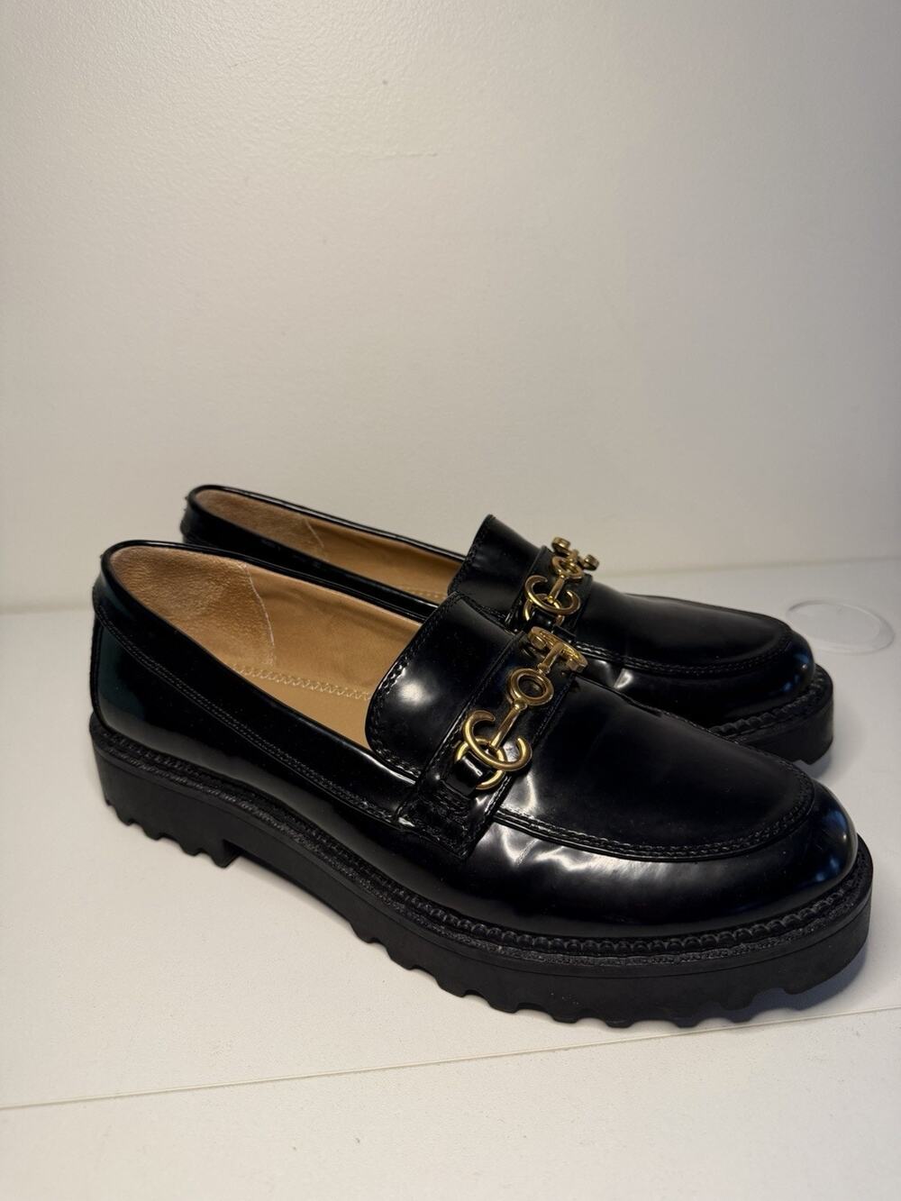 Sam Edelman Circus NY Black Deana Lug Sole Chunky Loafers Gold Chain Sz 9.5 EUC!